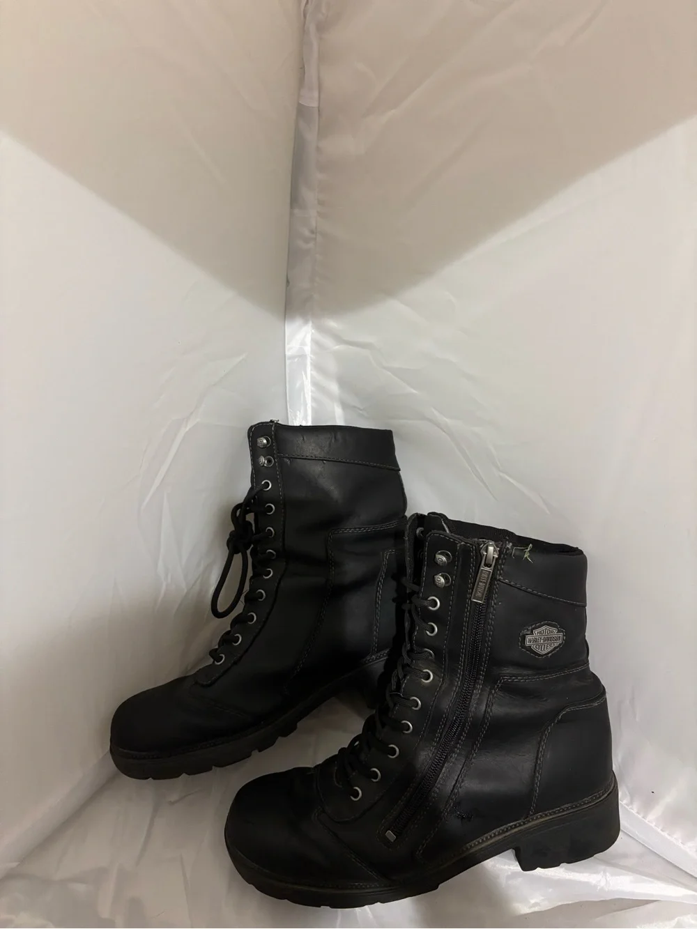 Harley-Davidson Black Lace-Up Leather Combat Boots with Side Zipper